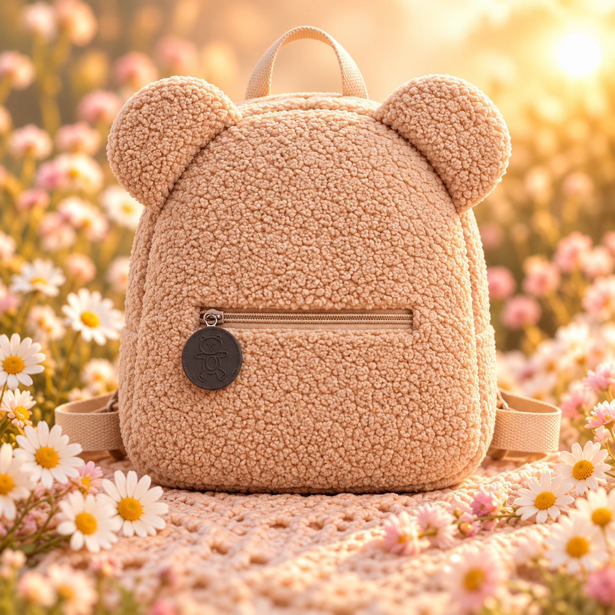 Beige teddy rugtas met naam geborduurd